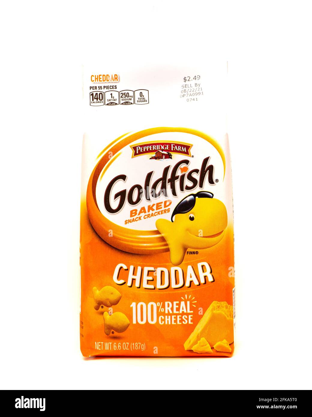 A bag of Pepperidge Farm Goldfish, a cheddar cheese baked snack cracker made with real cheese, Stock Photo