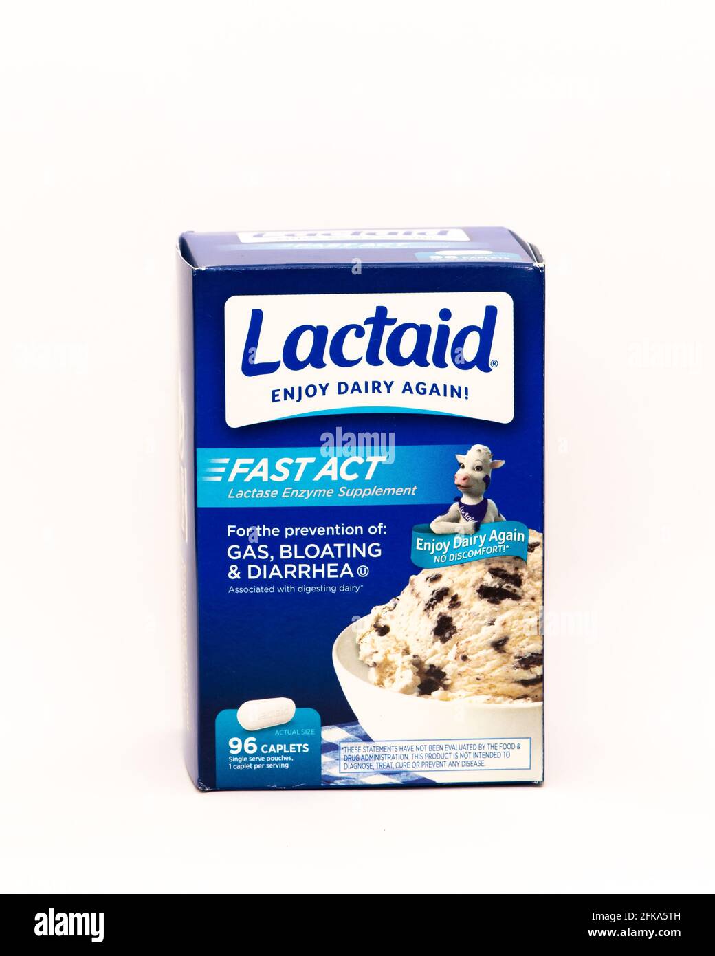 A box of Lactaid Lactase enzyme supplements for the prevention of gas, bloating and diarrhea from dairy products Stock Photo
