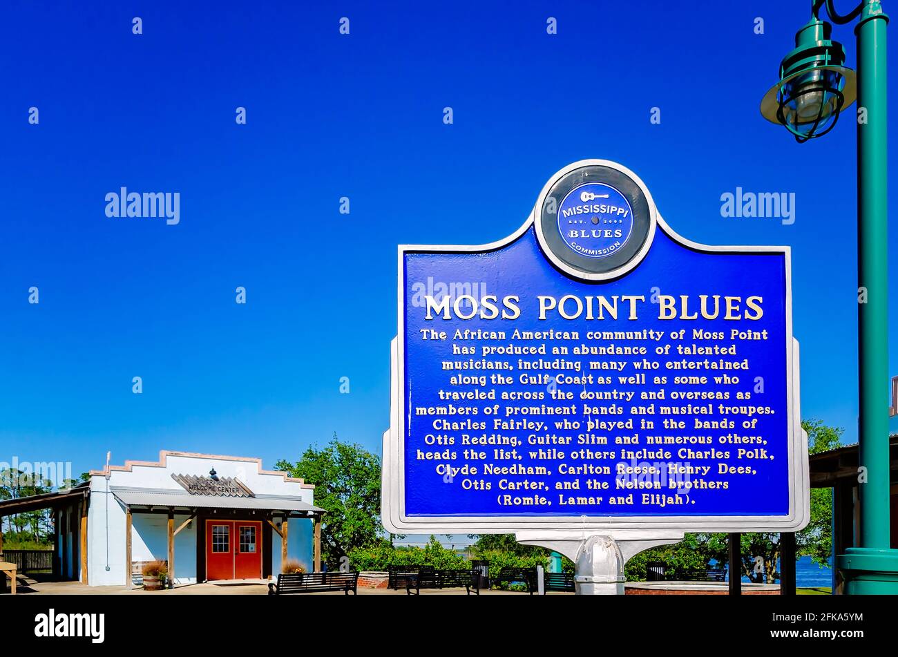 A historic marker honors local African-Americans’ contribution to blues music, April 29, 2021, at Riverfront Park in Moss Point, Mississippi. Stock Photo