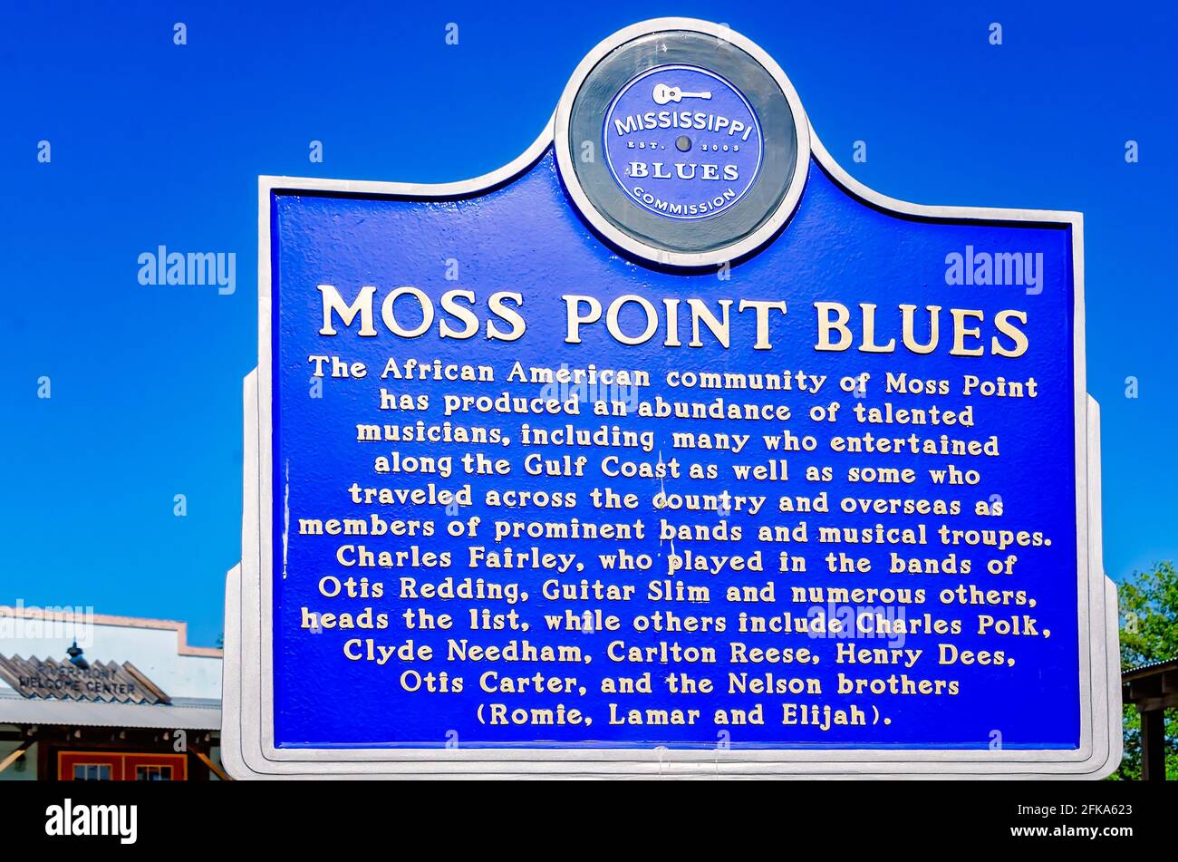 A historic marker honors local African-Americans’ contribution to blues music, April 29, 2021, at Riverfront Park in Moss Point, Mississippi. Stock Photo