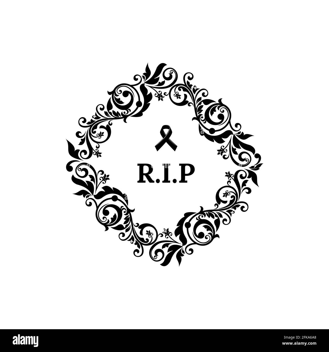 Funeral frame, obituary floral card, RIP memorial and condolences flowers. RIP funeral flora wreath for mourning, obituary rest in peace ribbon and lo Stock Vector