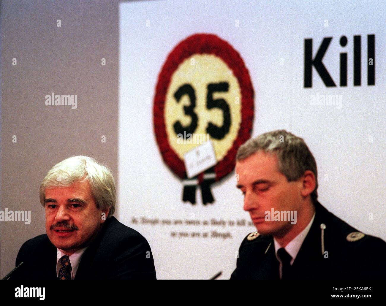 Kill Your Speed campaign Launch press conference Jan  1999Launch of new campaign called Kill Your Speed aimed at persuading drivers to slow down  Press conference with Lord Whitty Road Safety Minister and Assistant Chief Constable of Cleveland Ken Brunstrom Stock Photo