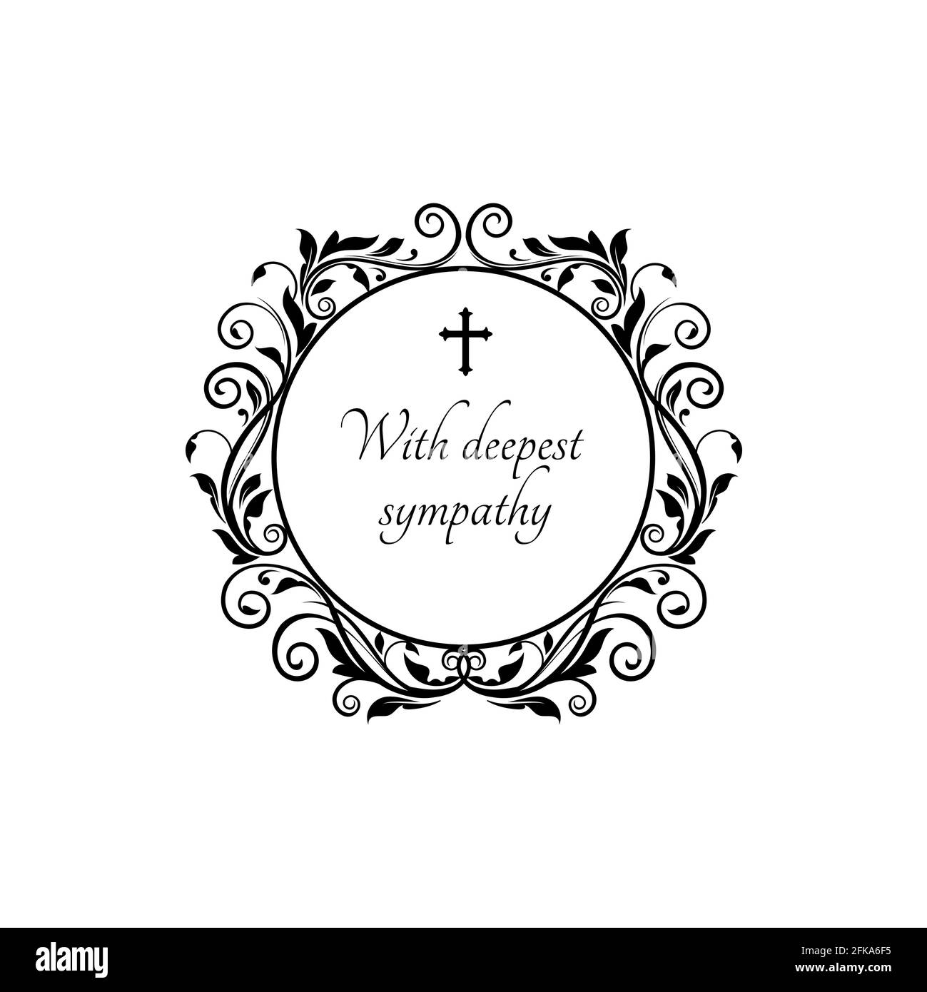 With deepest sympathy message on gravestone with vintage flower ornaments and crucifix cross. Vector funeral lettering on tombstone, round floral bord Stock Vector