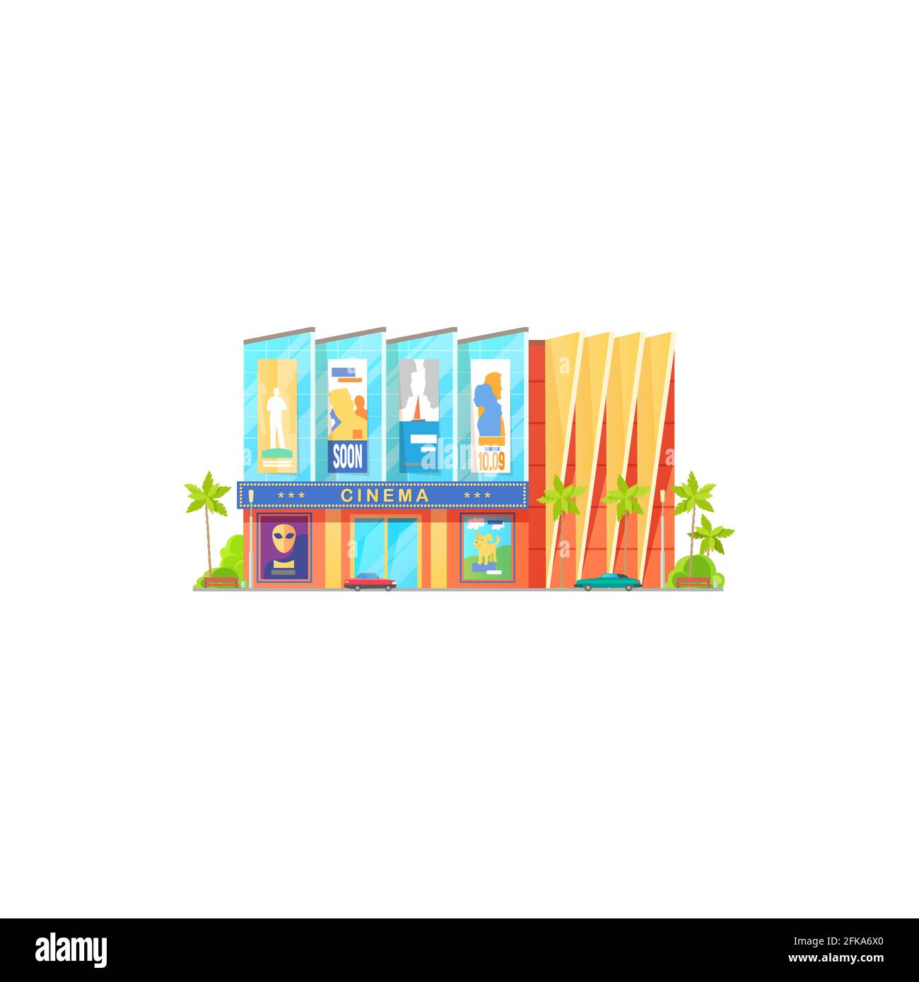 Cinema building, movie theater entrance facade, vector exterior of house with front theatre marquee. Modern city movie city or cinema theater icon wit Stock Vector