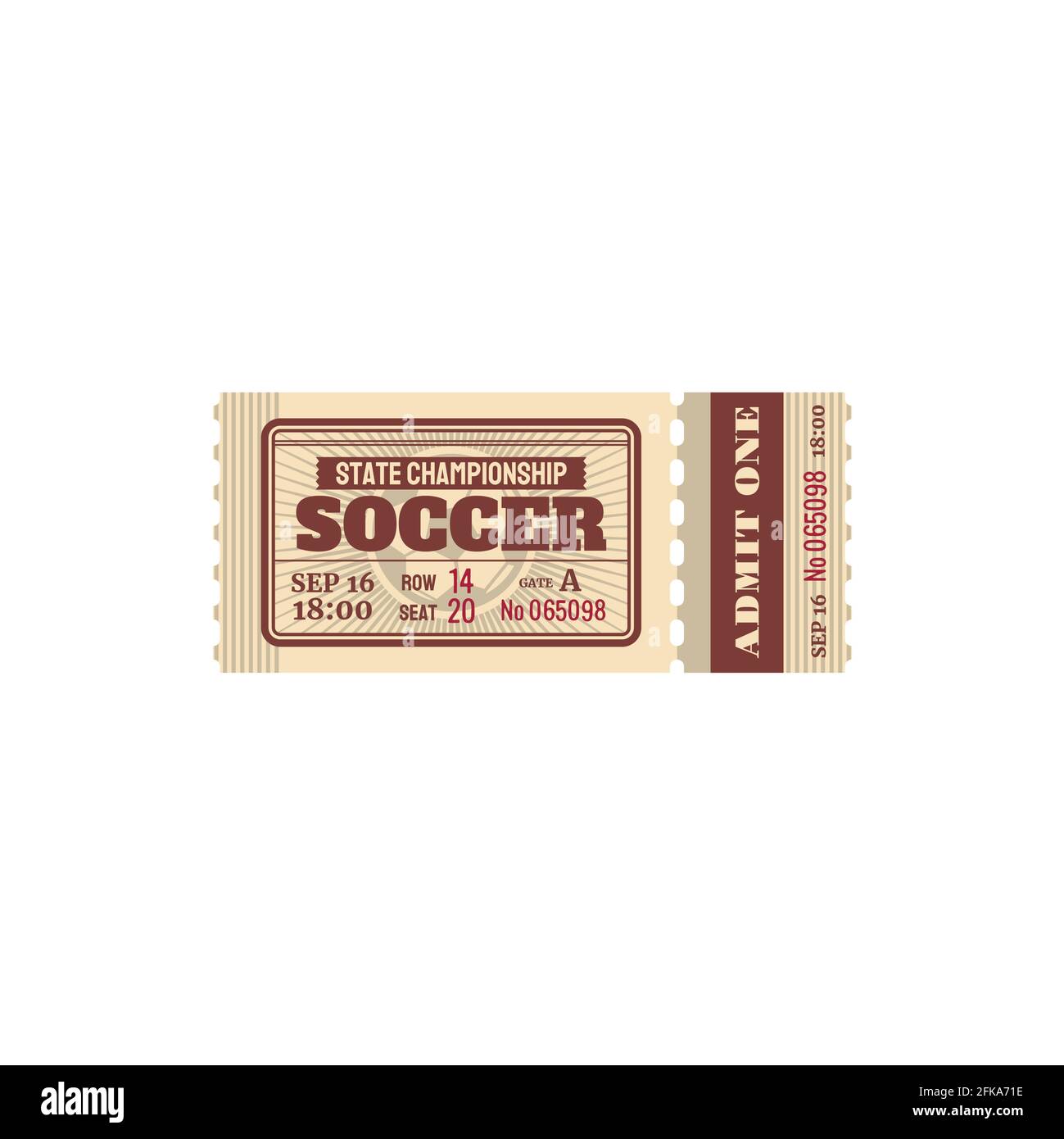 Ticket for soccer state championship, football game vector card with price, seat and gate number