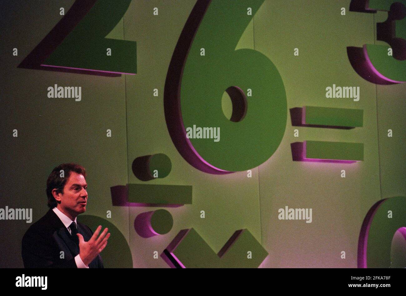 Prime Minister Tony Blair speaking at the start of the Countdown to Maths year 2000 at the QE2 Centre Stock Photo