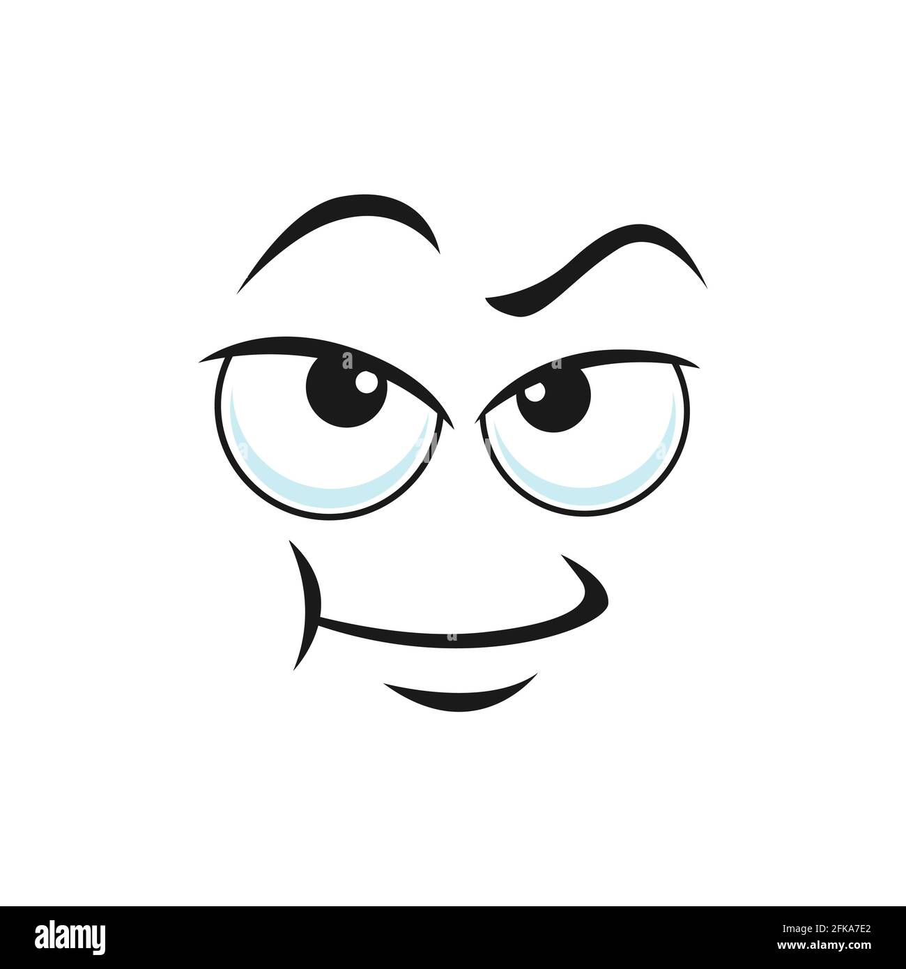 Disbelief emoticon expression, distrusted sad mood emoji isolated line art icon. Vector suspicious emoticon with angry face. Distrustful emoji with bi Stock Vector