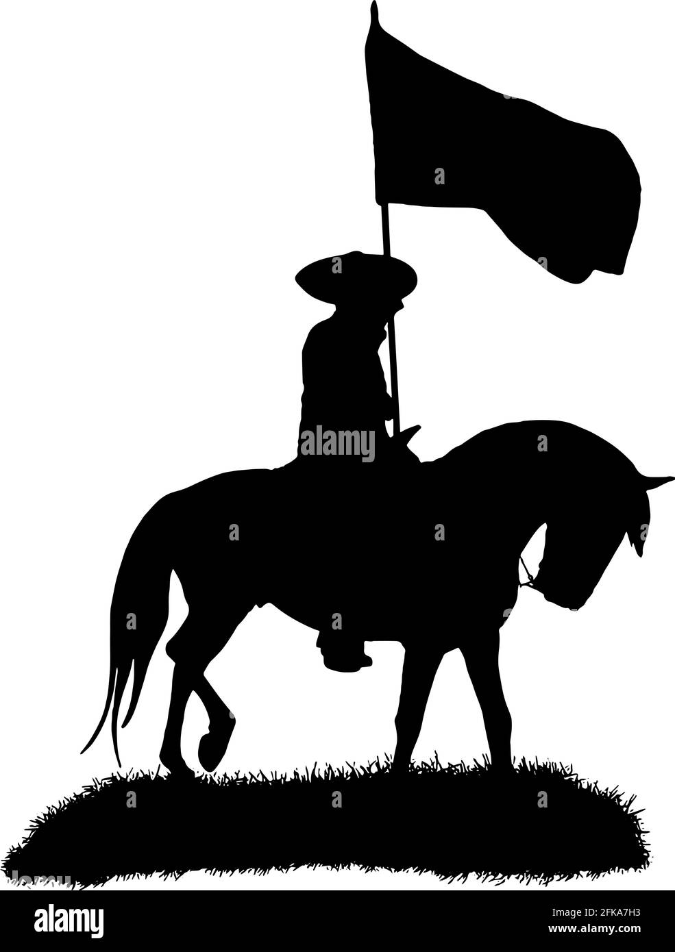 Mexican Cowboy riding a charro horse and carrying a flag, vector silhouette in black on white background Stock Vector