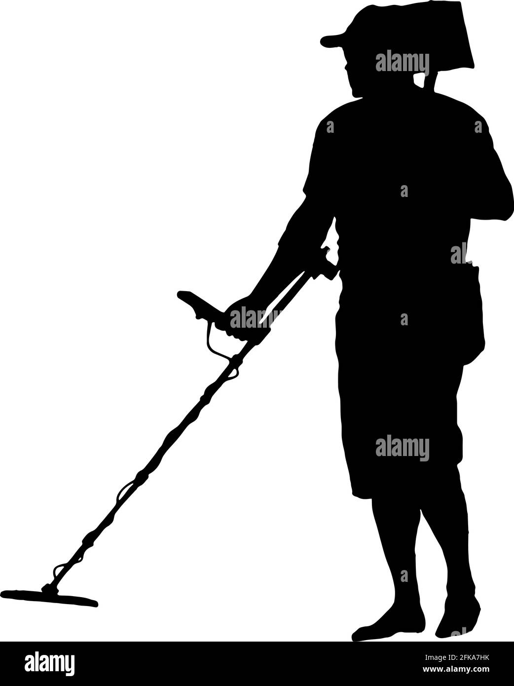 Silhouette of a man with a metal detector, vector illustration black on white background Stock Vector