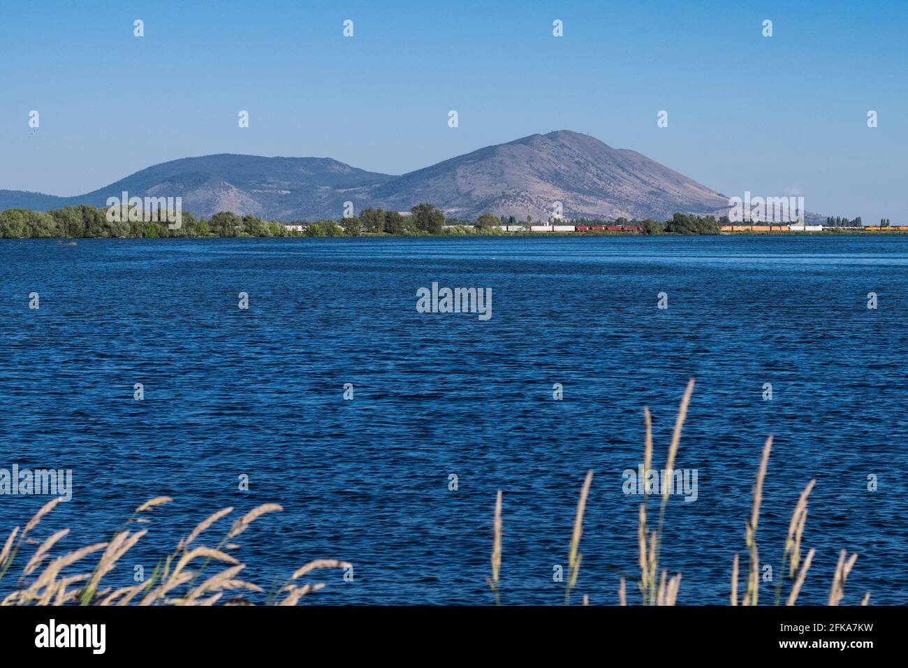 A view of Stukel Mountain across Lake Ewauna on a sunny day in Klamath