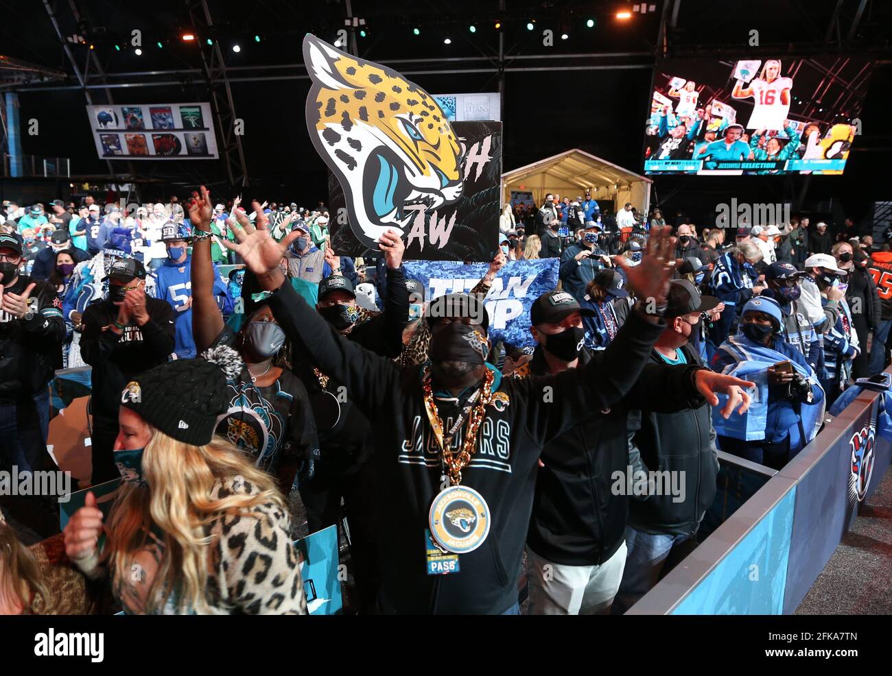 Cleveland, United States. 29th Apr, 2021. Fans celebrate as the Jacksonville Jaguars select Clemson quarterback Trevor Lawrence with the number #1 pick at the 2021 NFL Draft in Cleveland, Ohio on Thursday, April 29, 2021. Photo by Aaron Josefczyk/UPI Credit: UPI/Alamy Live News Stock Photo
