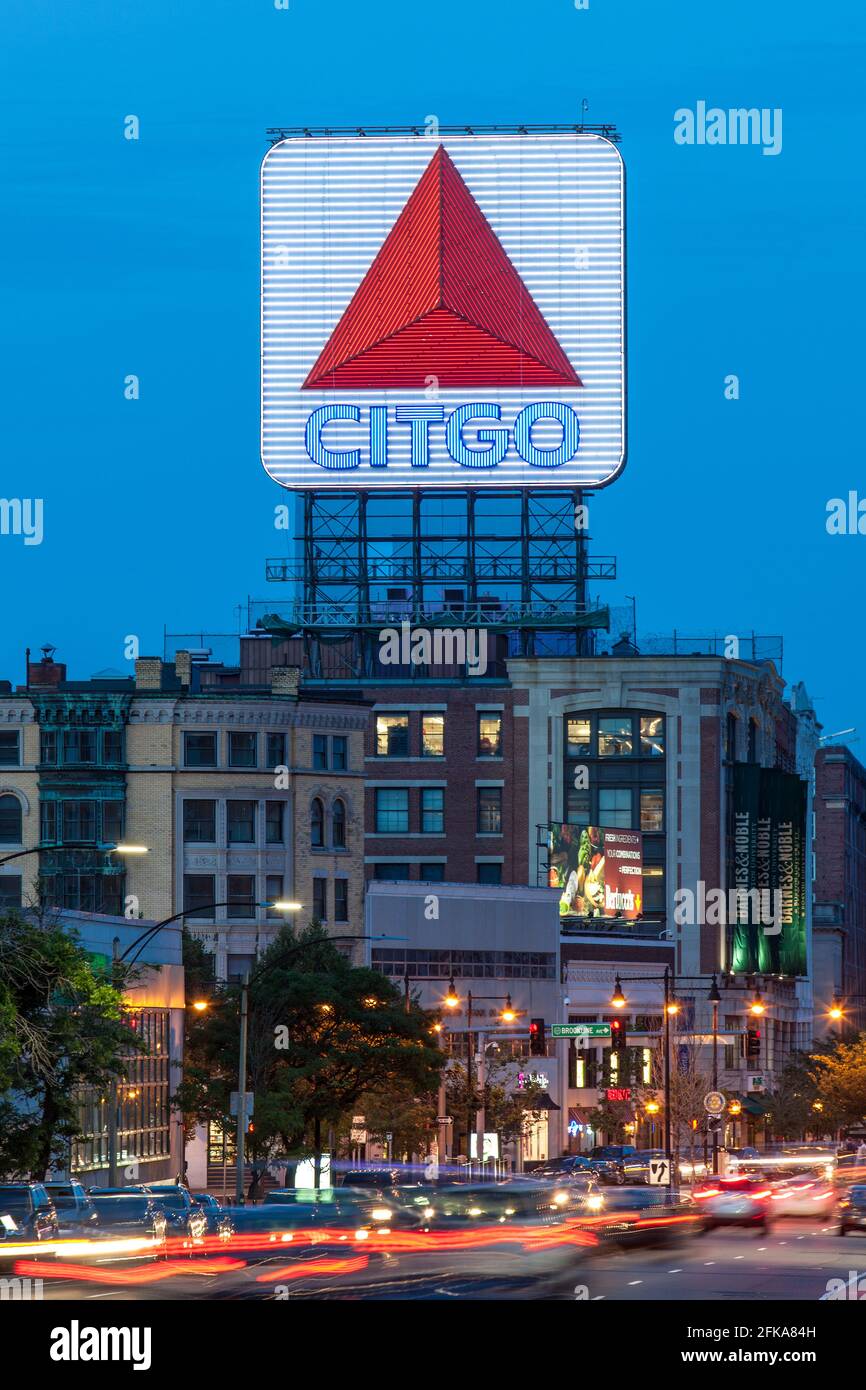 The Boston Citgo sign is a large, double-faced neon sign featuring the Citgo logo and overlooks Kenmore Square, Boston MA Stock Photo