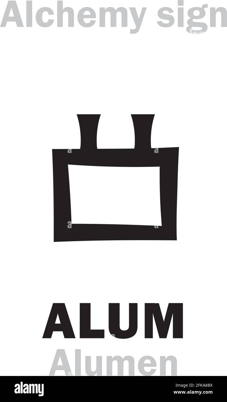 Alchemy Alphabet: ALUM (Alumen), also: Vitriol of Argile. Potash Alum, Potassium-Aluminium sulfate: Ch.formula=[KAl(SO₄)₂•12H₂O] or [Al₂(SO₄)₃]. Stock Vector