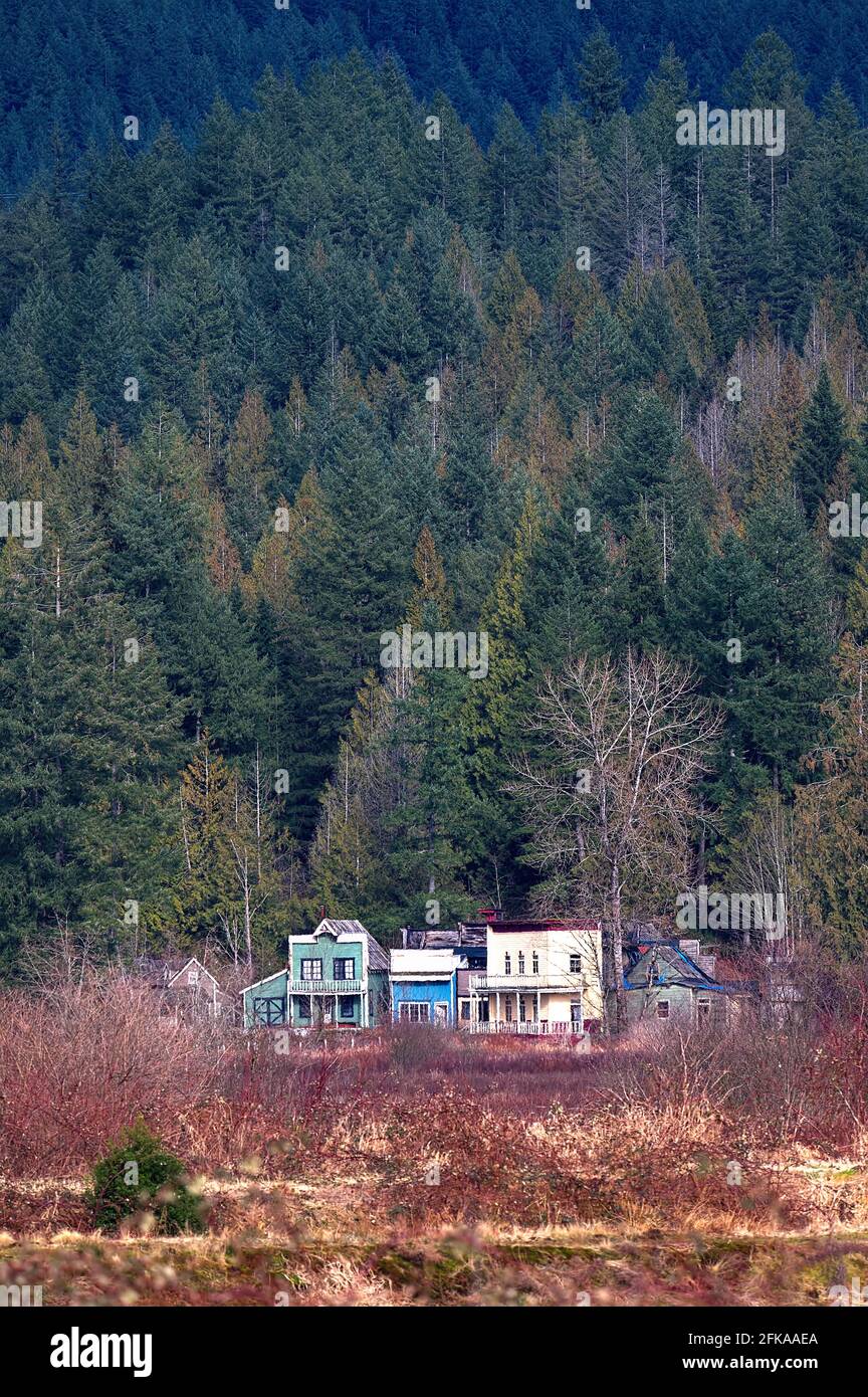 An old west movie set known as 'Bordertown' at the base of a mountain in Pitt Meadows, B. C., Canada Stock Photo