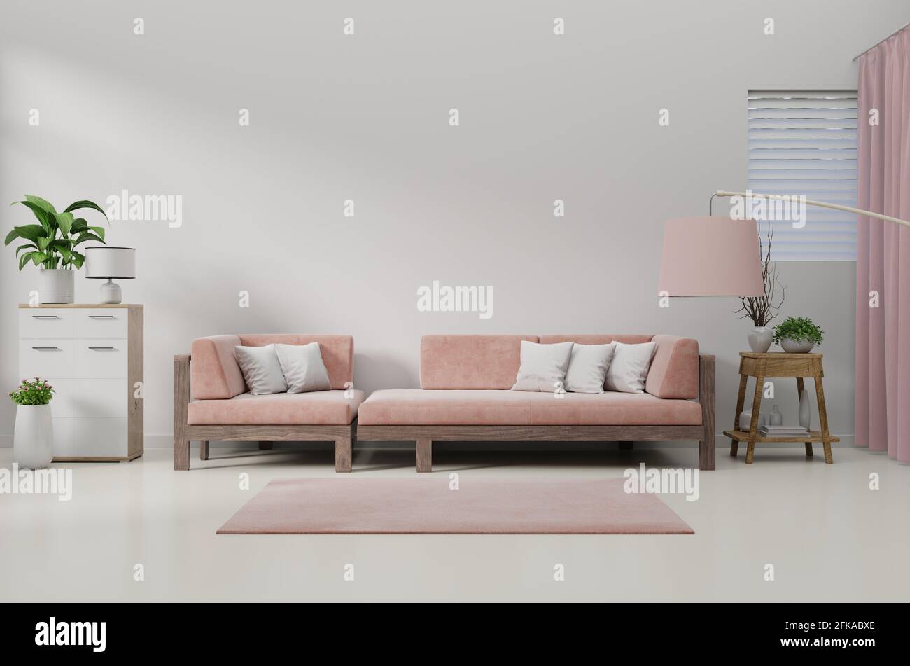 Modern living room interior with sofa and green plants,lamp,table on ...