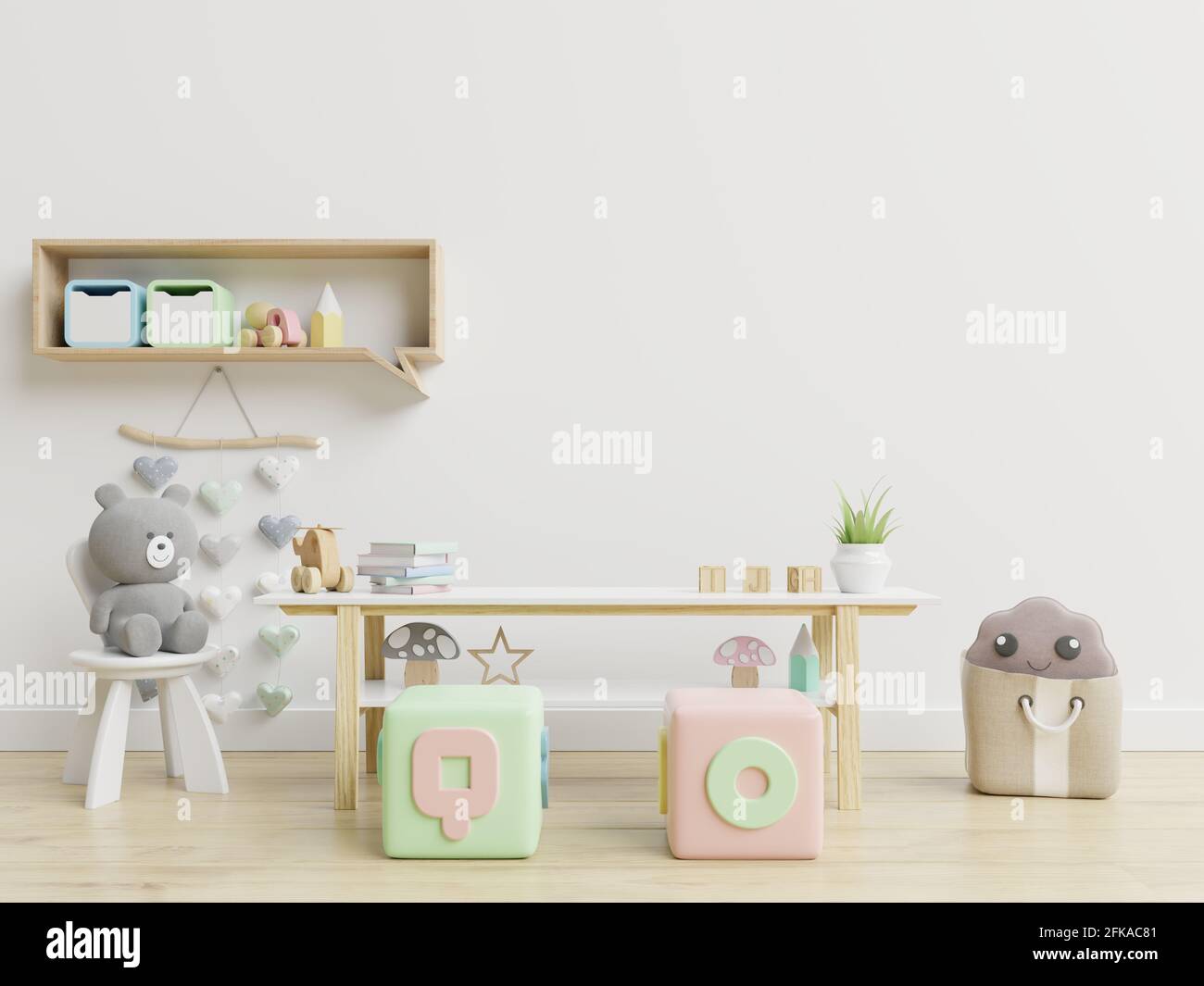Mockup wall in the children's room on wall white colors background.3D ...