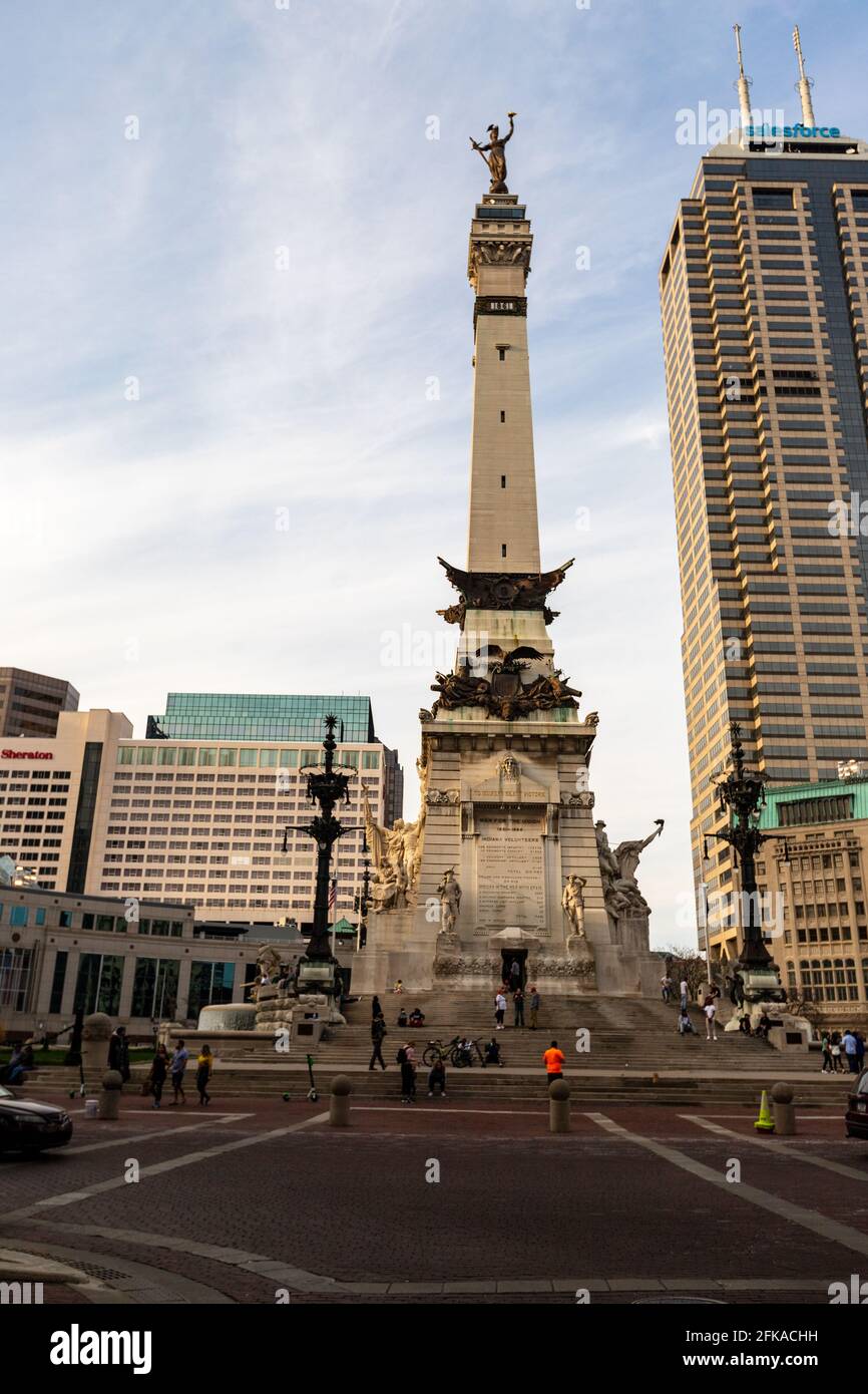 Indianapolis, IN - April 4, 2021: The Indiana State Soldiers and Sailors Monument monument on Monument Circle in Indianapolis, IN Stock Photo