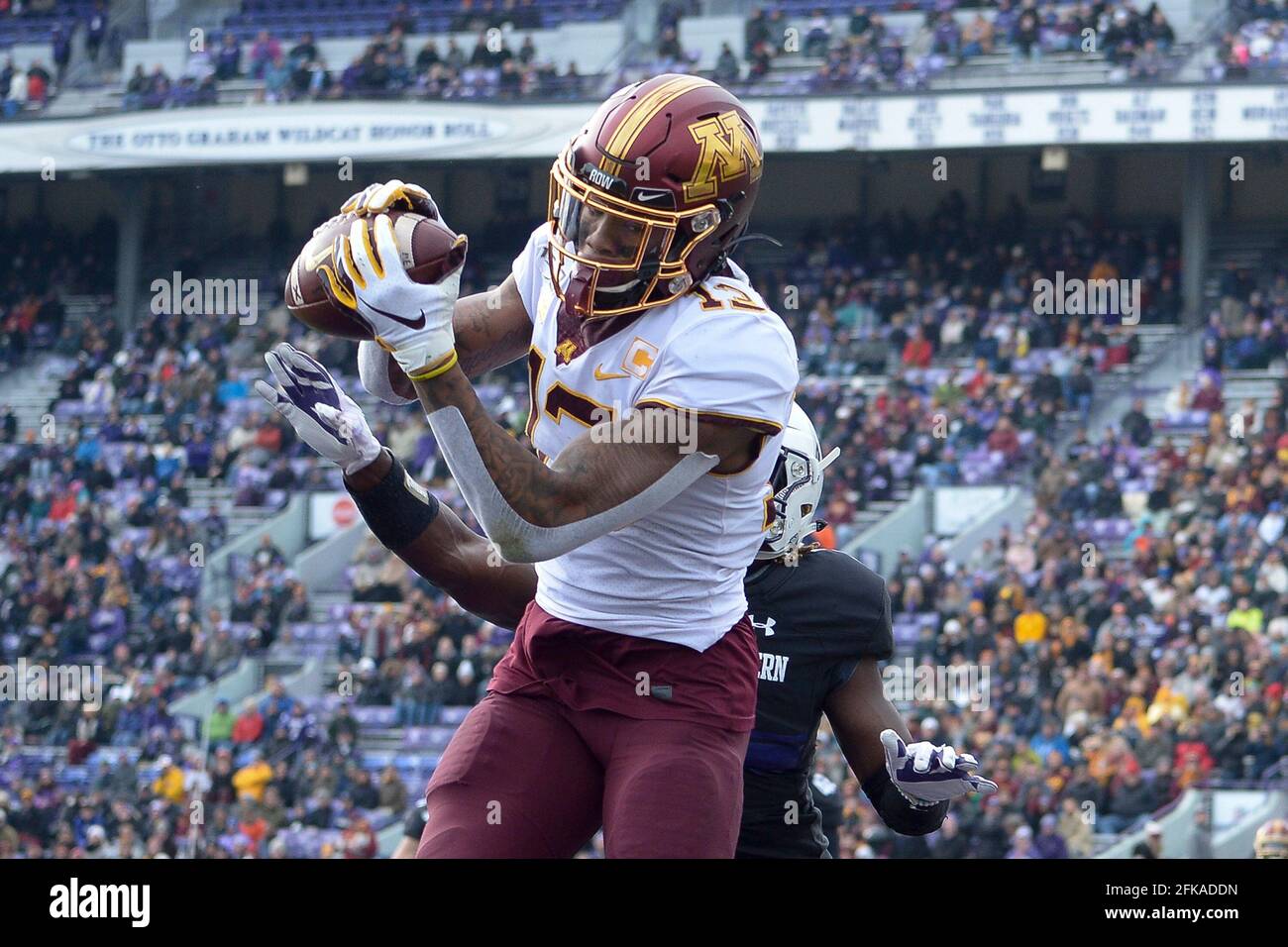 Evanston, USA. 23rd Nov, 2019. Minnesota Gophers wide receiver Rashod Bateman (13) caught his third touchdown reception of the game Saturday in the third quarter against the Northwestern Wildcats. The Minnesota Gophers played the Northwestern Wildcats on Saturday, Nov. 23, 2019 at Ryan Field in Evanston, Ill. With the No. 27 overall pick, the Baltimore Ravens selected Bateman in the NFL Draft. (Photo by Aaron Lavinsky/Minneapolis Star Tribune/TNS/Sipa USA) Credit: Sipa USA/Alamy Live News Stock Photo