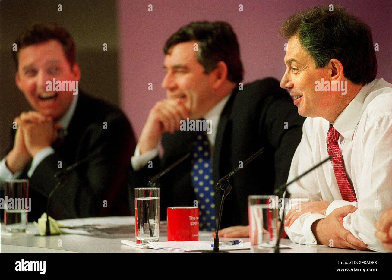 Tony Blair British Prime Minister, June 2001with Gordon Brown and Alan Milburn at a Labour Party Conference. Stock Photo