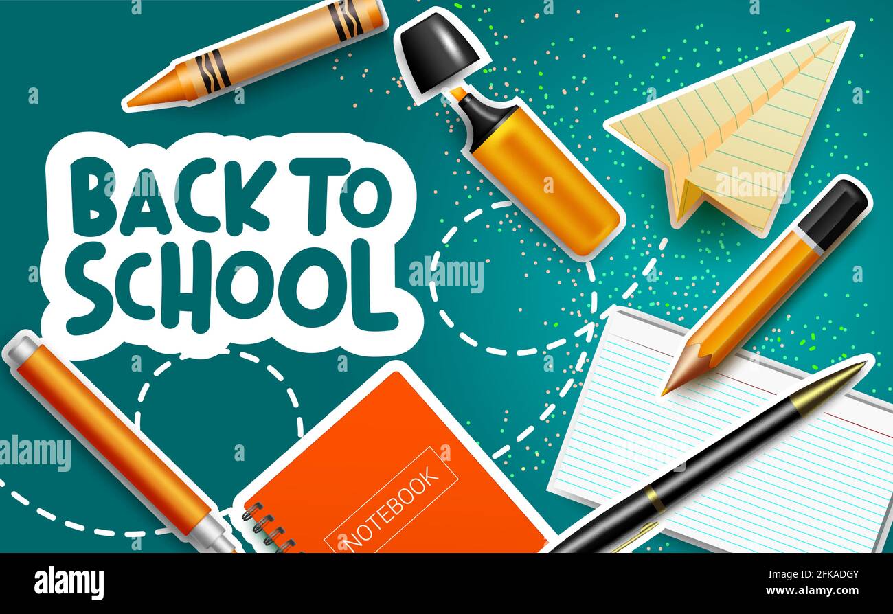 Back to school vector banner background. Back to school text with elements  like crayons, notebook and marker for student education supplies design  Stock Vector Image & Art - Alamy