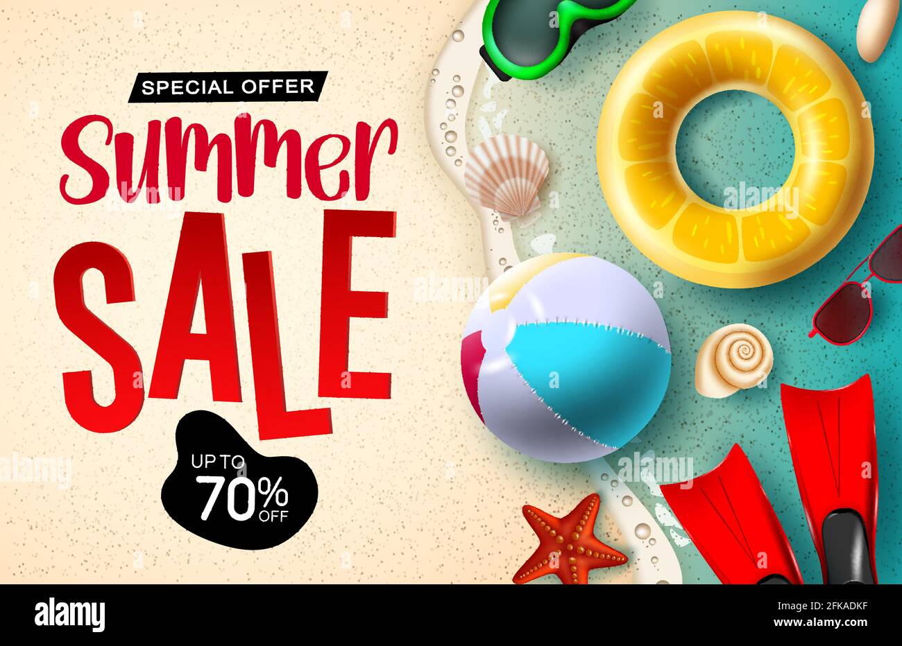 Sumer sale vector banner design. Summer sale 3d text up to 70% off discount with beach ball, floater and sunglasses element for summer special offer. Stock Vector