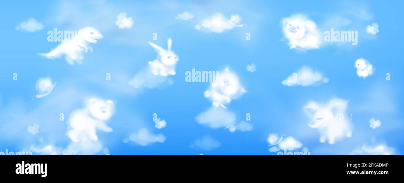 White clouds in shape of cute animals on background of blue sky. Baby ...