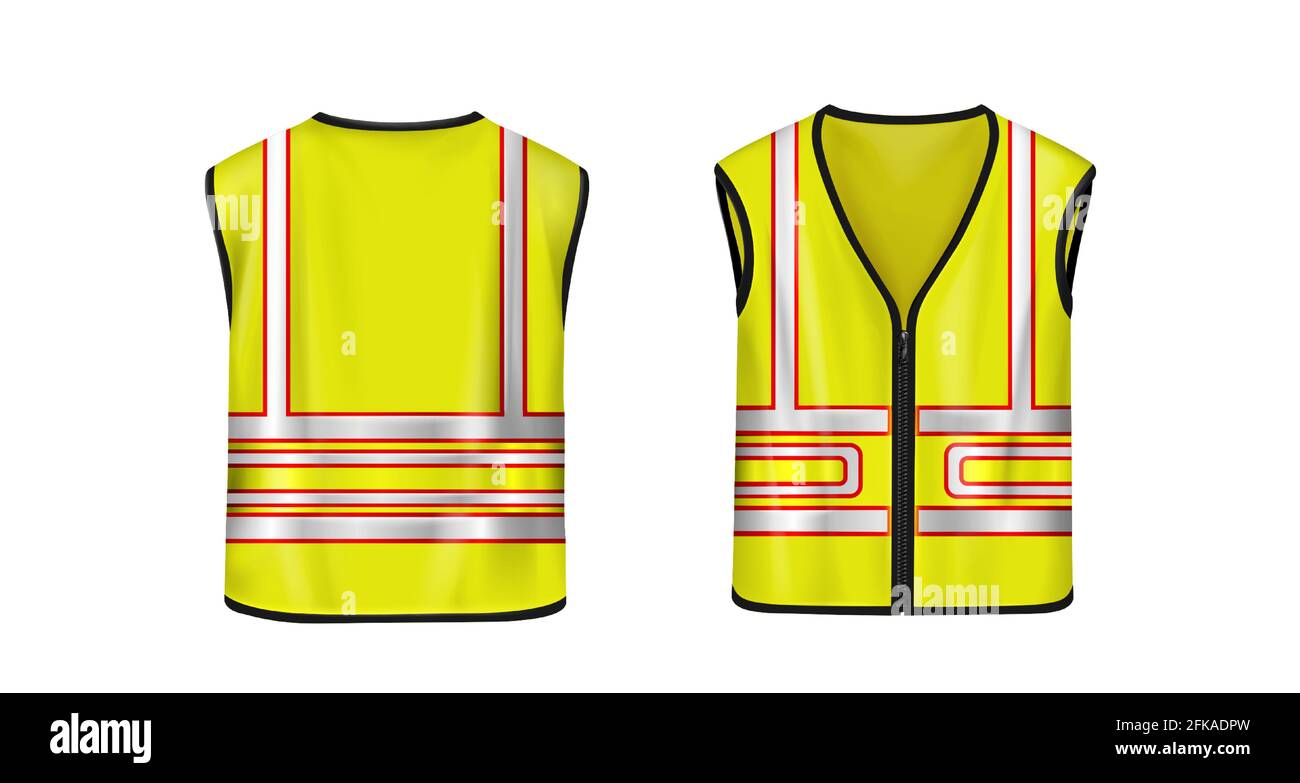 Safety vest front and back view, yellow sleeveless jacket with reflective stripes for road works, waistcoat mockup with fluorescent protective design elements Realistic 3d vector illustration, mock up Stock Vector