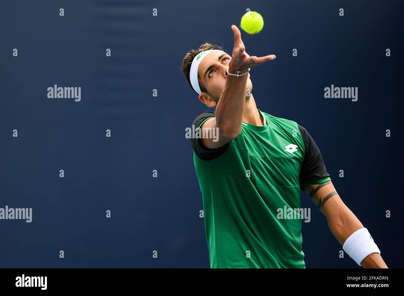 March 24, 2021 Alejandro Tabilo of Chile serves the ball during his loss to Mikael Ymer of Sweden in the first round of the Miami Open on March 24, 2021 on the