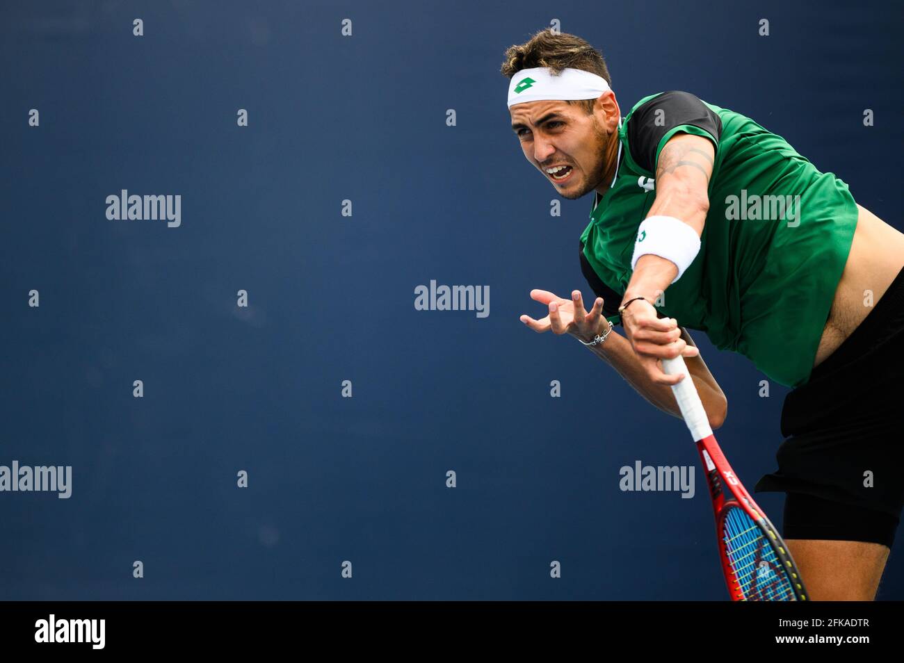 March 24, 2021 Alejandro Tabilo of Chile serves the ball during his loss to Mikael Ymer of Sweden in the first round of the Miami Open on March 24, 2021 on the
