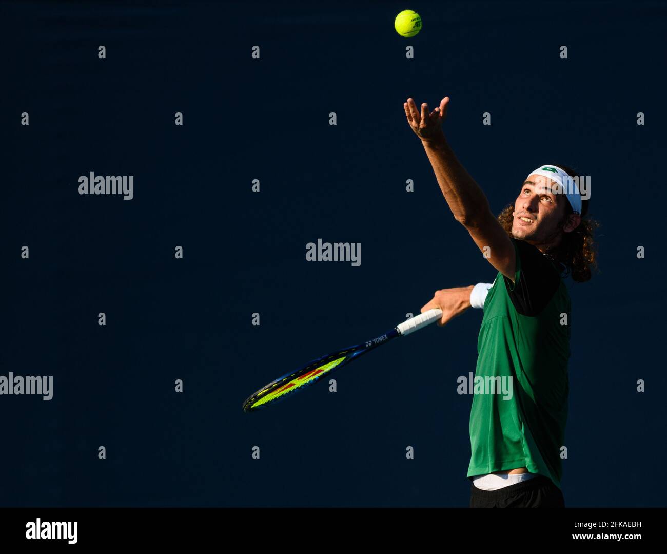 Miami Gardens, Florida, USA. 24th Mar, 2021. Lloyd Harris of South Africa serves the ball during his victory over Emilio Nava of the United States in the first round at the Miami Open on March 24, 2021 on the grounds of Hard Rock Stadium in Miami Gardens, Florida. Mike Lawrence/CSM/Alamy Live News Stock Photo