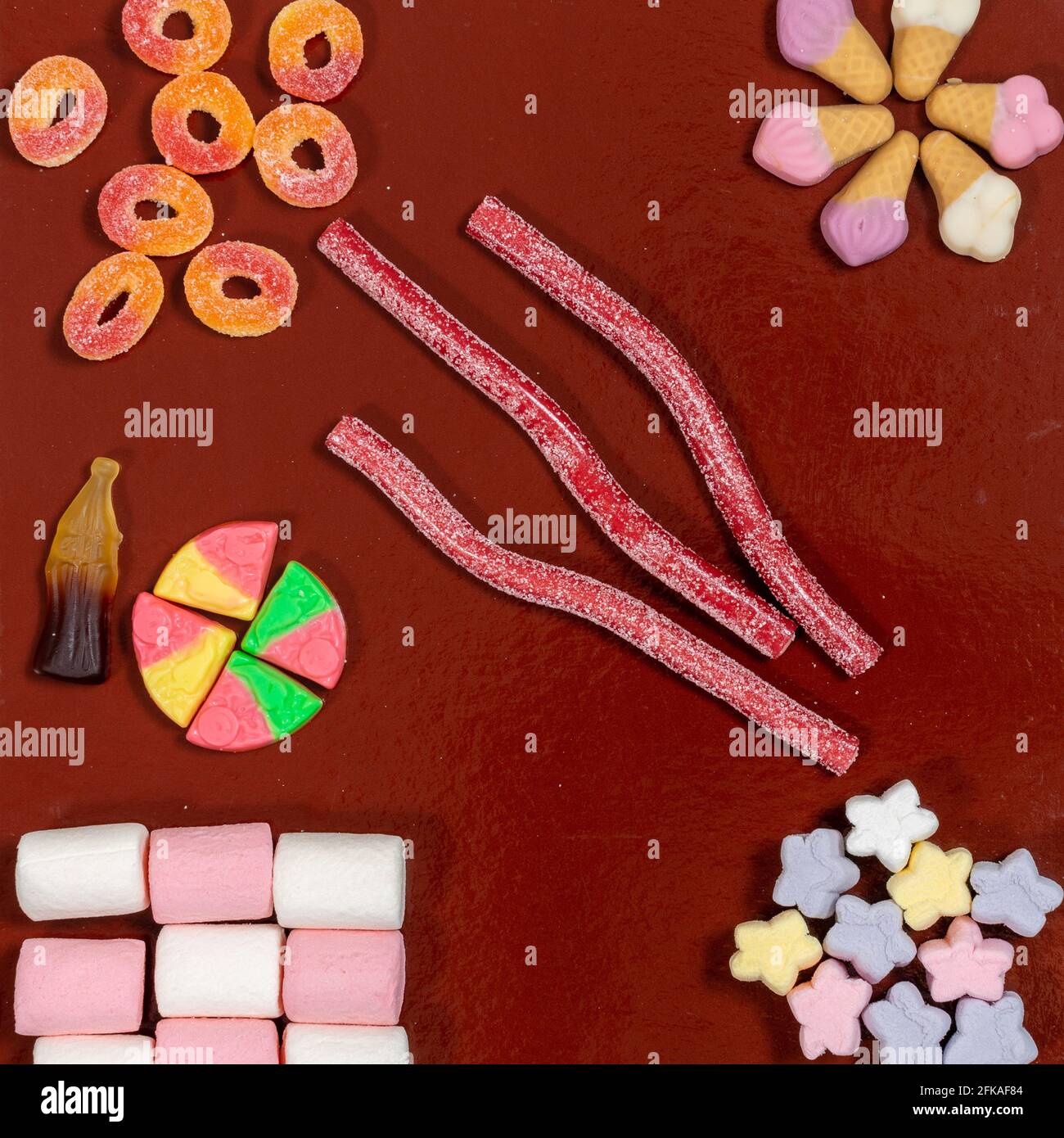 flat lay composition of marshmallows and gummies Stock Photo Alamy