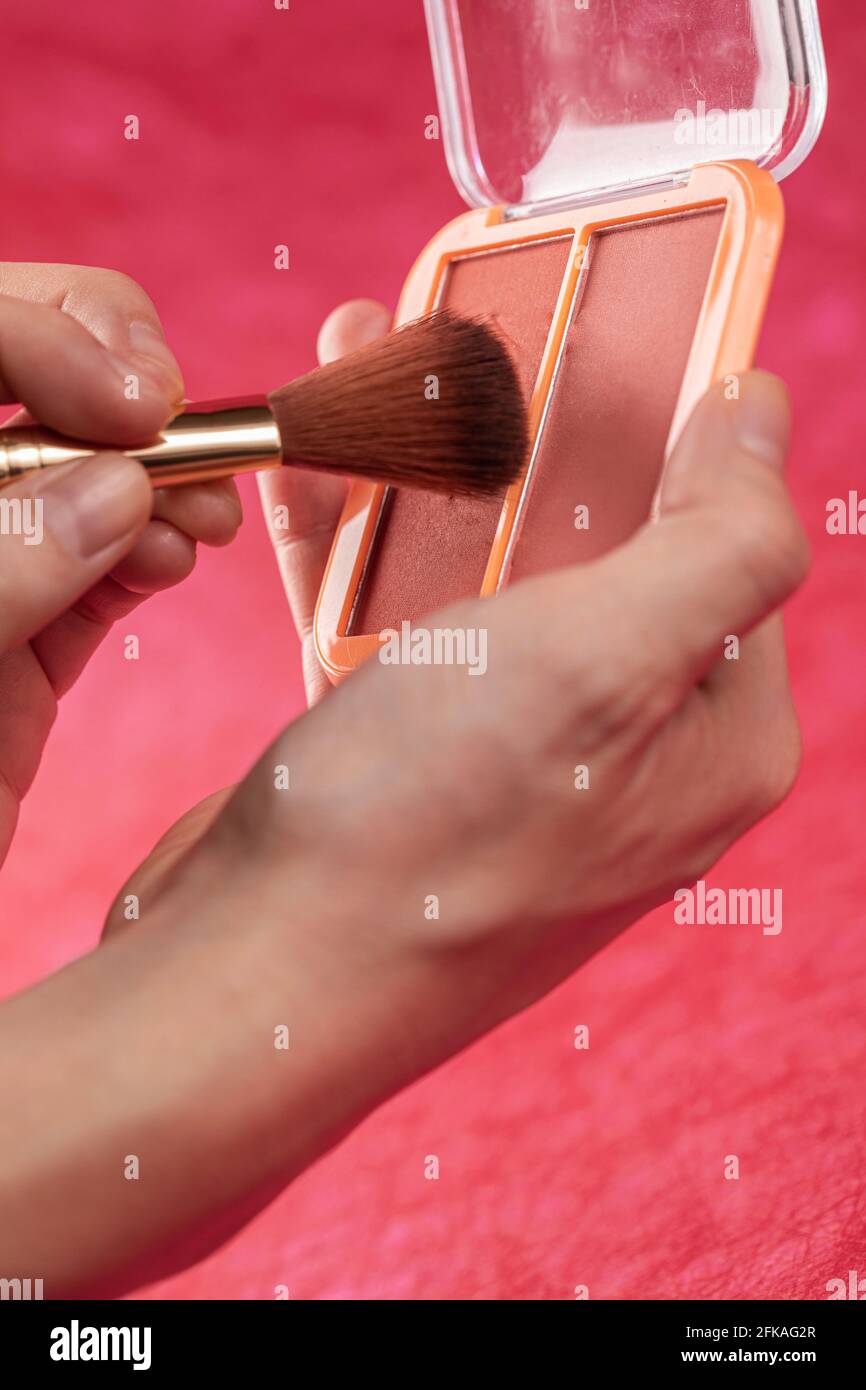 beautiful pink blush and a make up brush Stock Photo