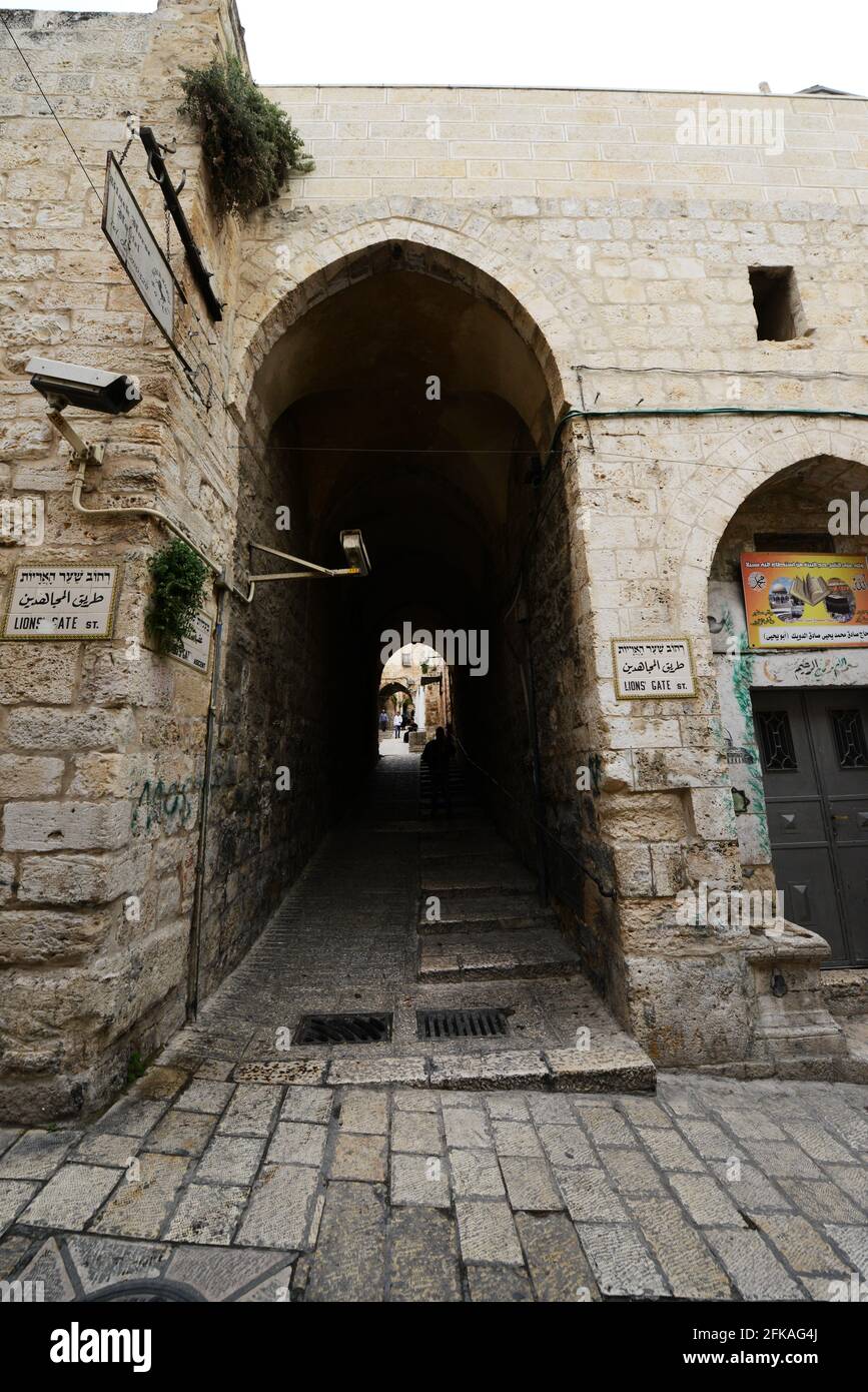 Lions gate street in the old city of Jerusalem. Stock Photo