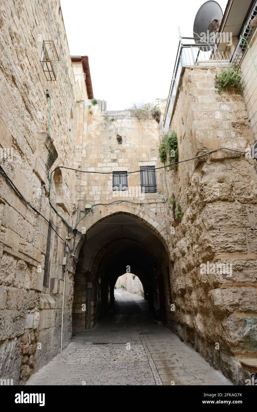 Walking on Lions gate street in the Muslim quarter in the old city of Jerusalem. Stock Photo