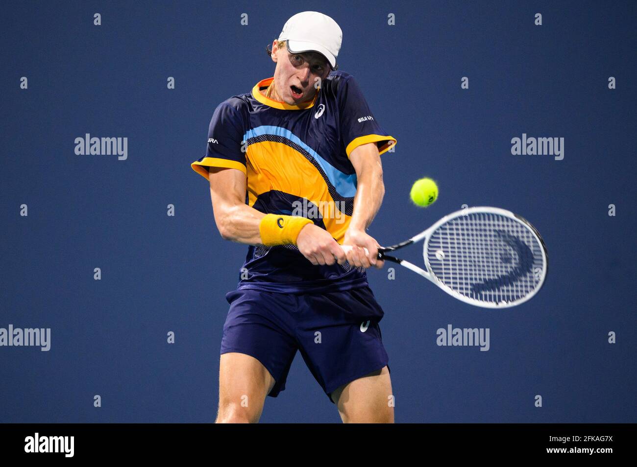 March 24, 2021: Emil Ruusuvuori of Finland hits a backhand during his  victory over Carlos Alcaraz of Spain in the first round at the Miami Open  on March 24, 2021 on the