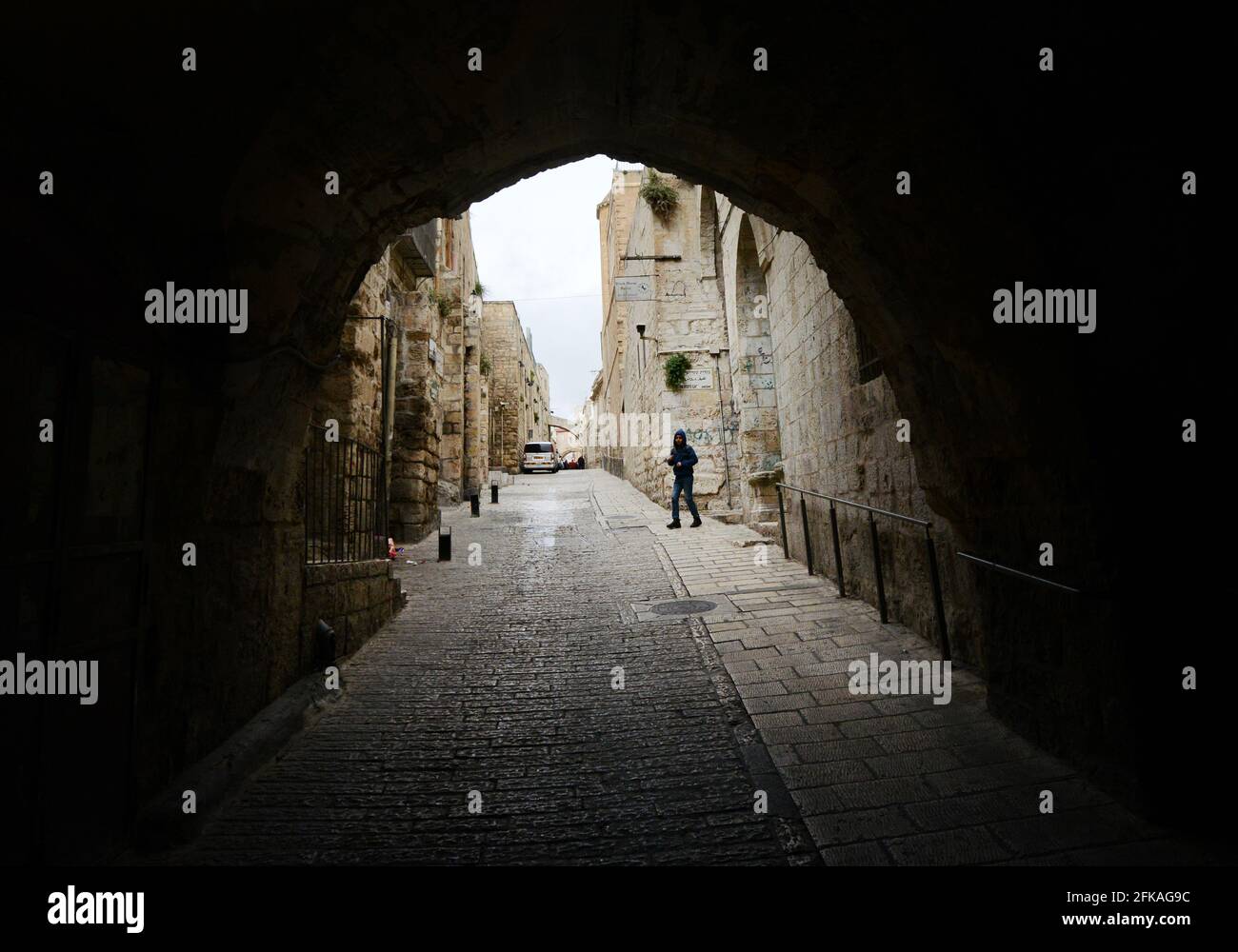 Walking on the Lions Gate street in the old city of Jerusalem. Stock Photo