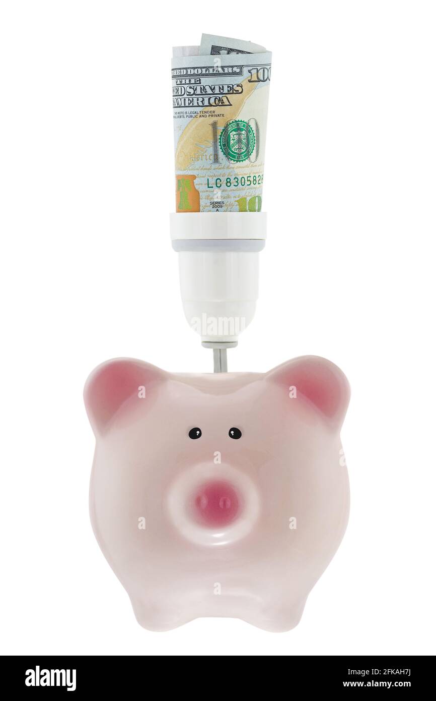 100 USD dollar money inside light bulb holder on pink piggy bank isolated on white ideal for saving electricity bill Stock Photo