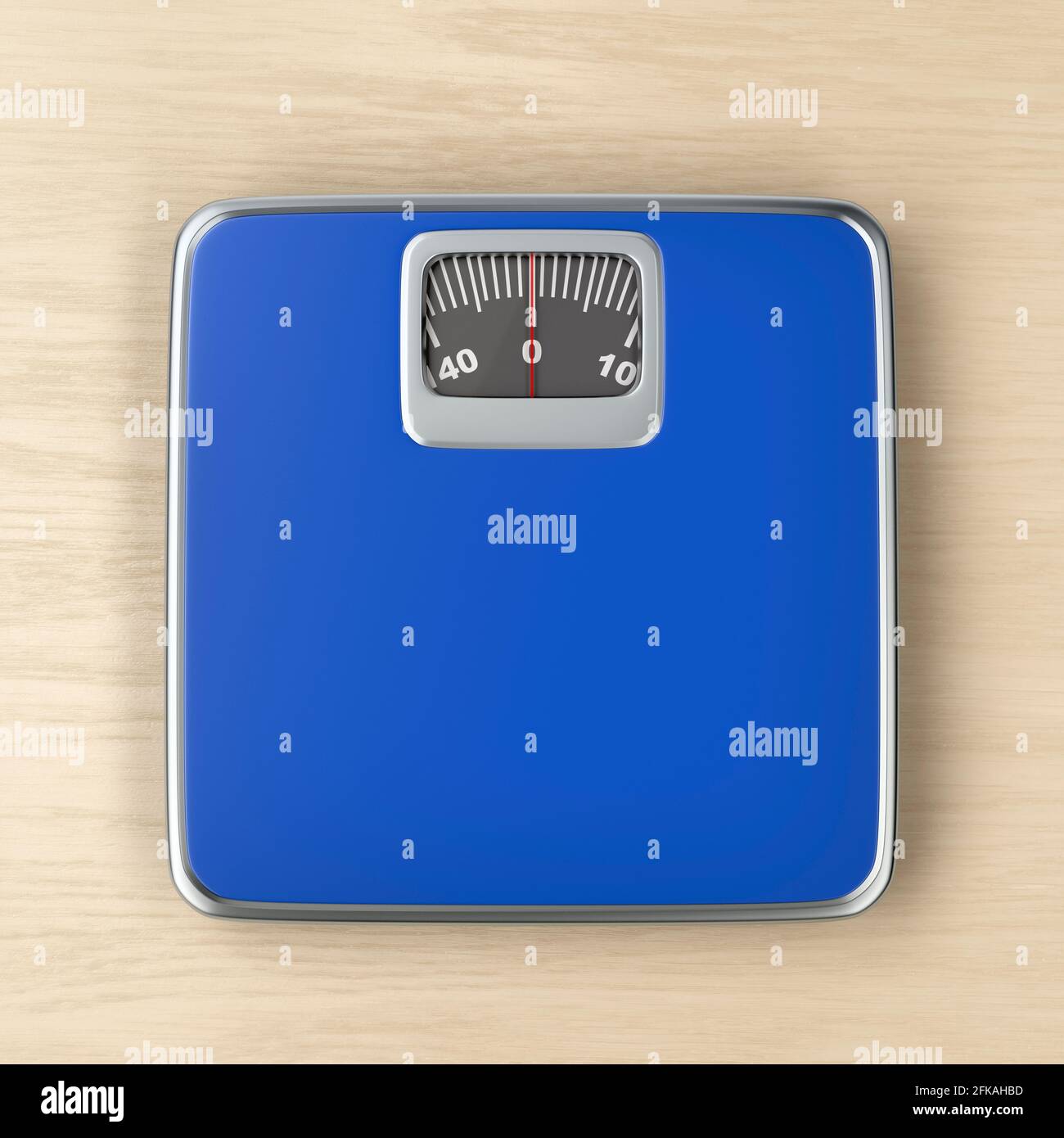 Analog weight scale on the wood floor, top view Stock Photo