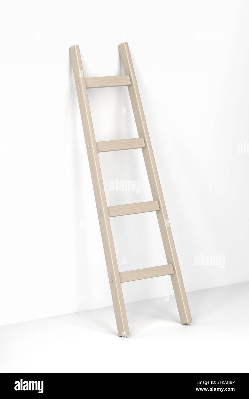 Wooden ladder leaning against the white wall Stock Photo