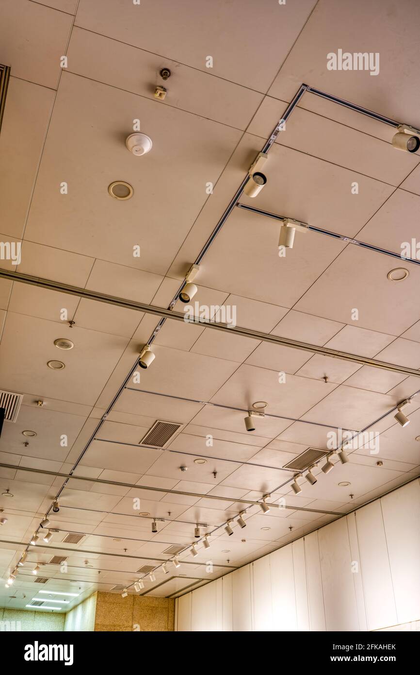 Closeup of the ceiling with spotlights in the art gallery Stock Photo