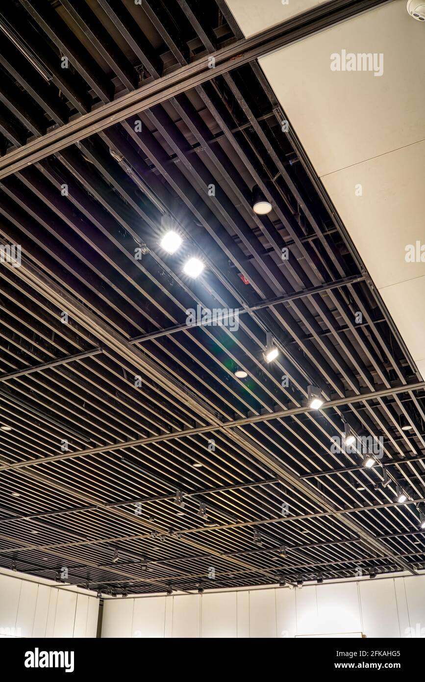 Closeup of the ceiling with spotlights in the art gallery Stock Photo
