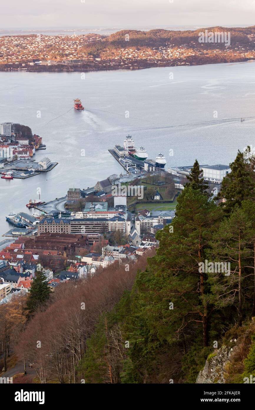 Aerial view of Bergen, Norway. Port district, vertical photo Stock Photo