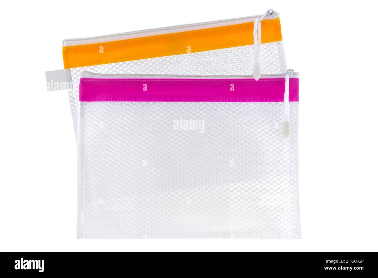 Transparent clear Plastic PVC ideally used as cosmetic bag, stationery pencil case, document file isolated on white background Stock Photo