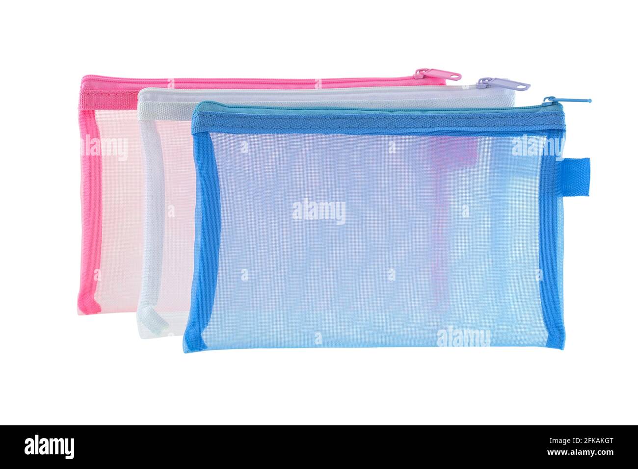 Transparent clear net bags in blue white pink ideally used as cosmetic bag, stationery pencil case, document file isolated on white background Stock Photo