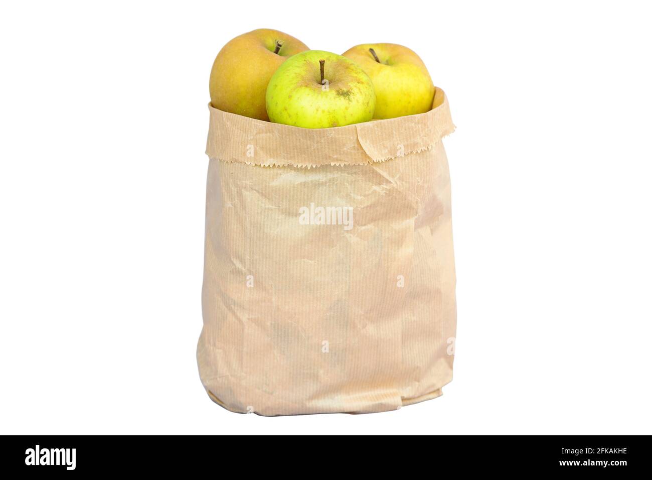 Imperfect looking organic apples with unconventionally raised method, no genetically modified organism techniques, in brown grocery bag. Stock Photo