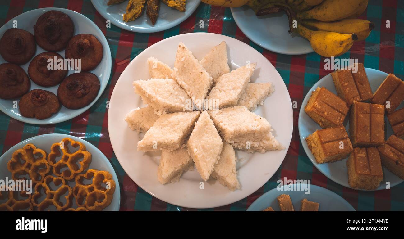 Sinhala and Tamil new years day celebration, traditional sweets and food table, Stock Photo