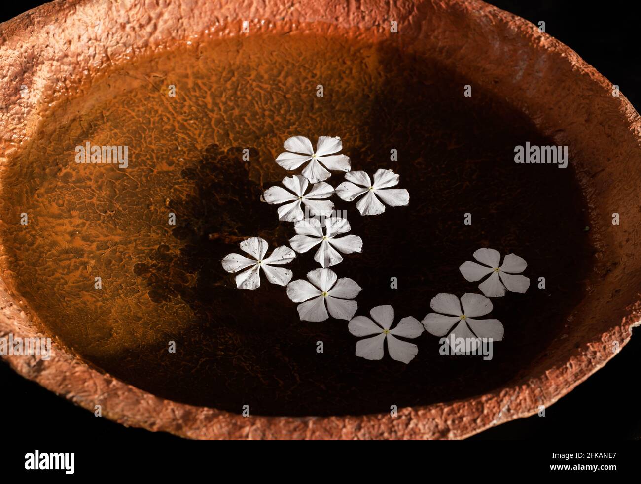 Flowers floating in clean water in a clay bowl outside the home