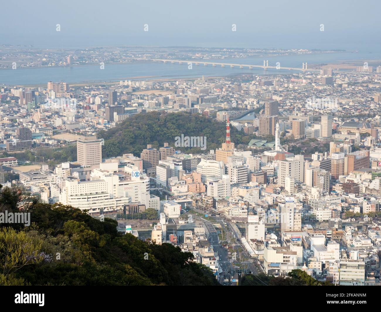 Tokushima, Japan - April 4, 2018: Panoramic view of Tokushima city from the top of Mount Bizan Stock Photo