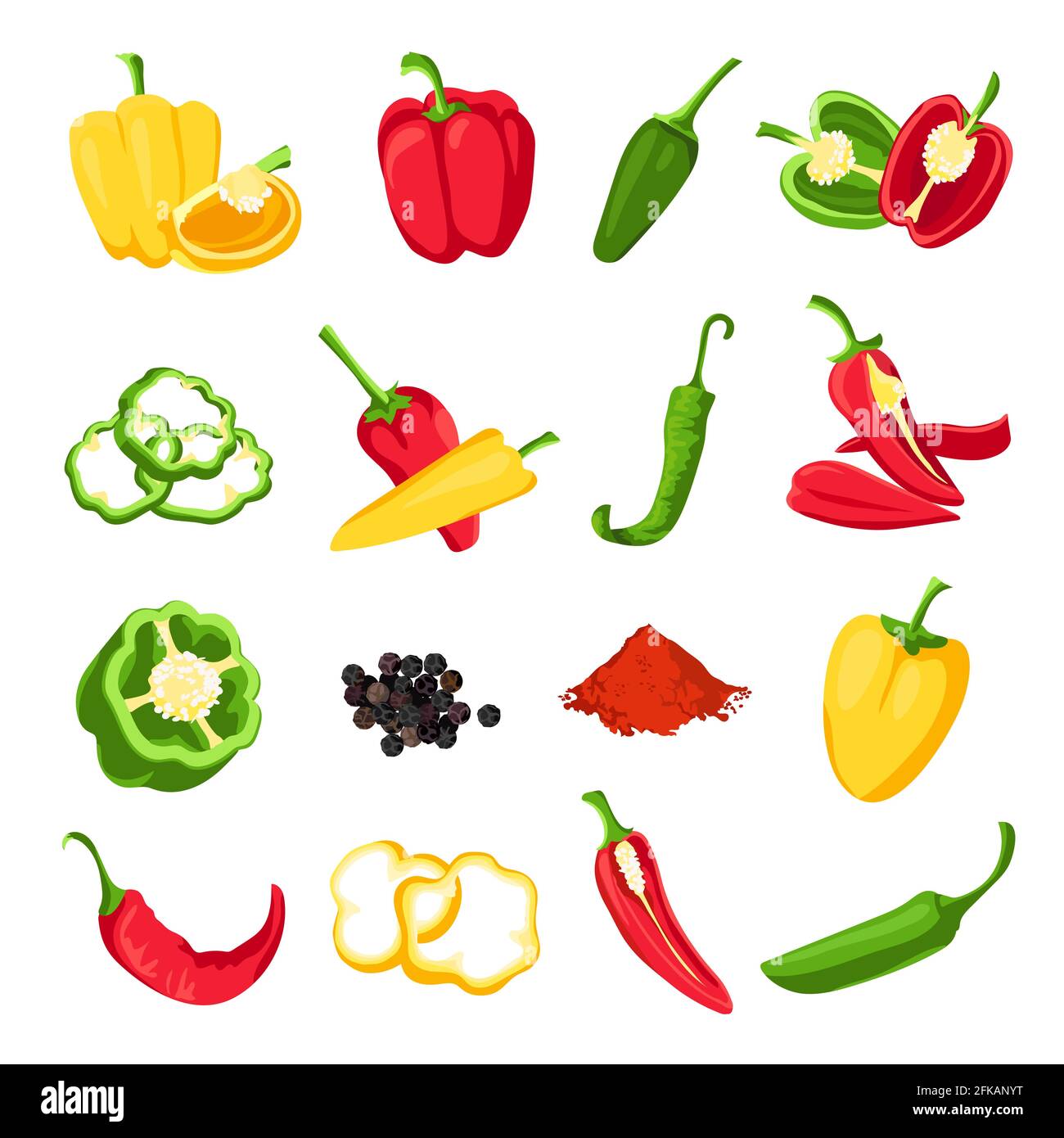 Pepper and paprika. Red, green and yellow sweet, hot and spicy peppers. Jalapeno, capsicum, cayenne and chili spice for sauce, vector set Stock Vector