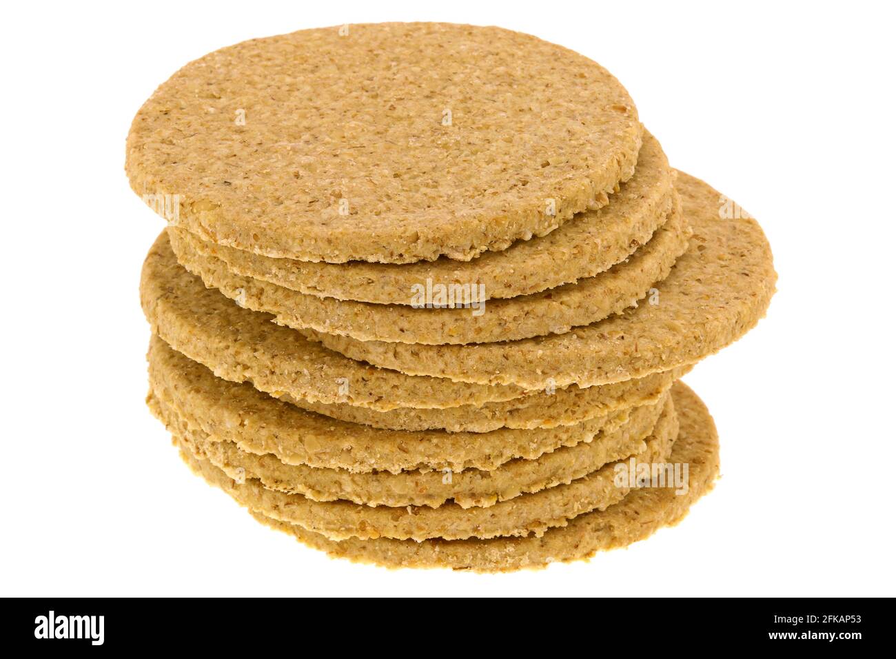 A stack of gluten free crumbly rough Oatcakes, isolated on white background Stock Photo